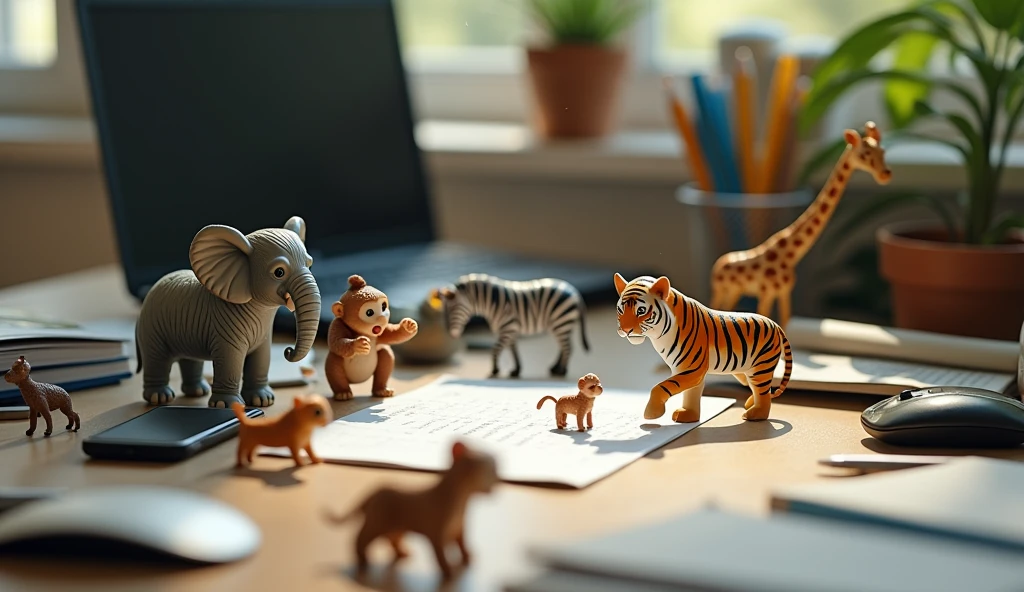 Create an image of an office desk with a realistic setup, including a laptop, mouse, smartphone, writing tools, and scattered sheets of paper. Among these everyday items, place incredibly small, lifelike animals, such as an elephant, tiger, monkey, zebra, and giraffe. The animals should look real and appear as if they are naturally interacting with the office supplies.