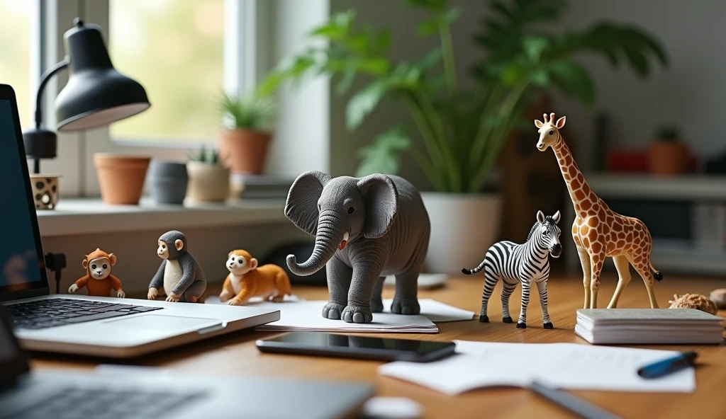 Create an image of an office desk with a realistic setup, including a laptop, mouse, smartphone, writing tools, and scattered sheets of paper. Among these everyday items, place incredibly small, lifelike animals, such as an elephant, tiger, monkey, zebra, and giraffe. The animals should look real and appear as if they are naturally interacting with the office supplies.