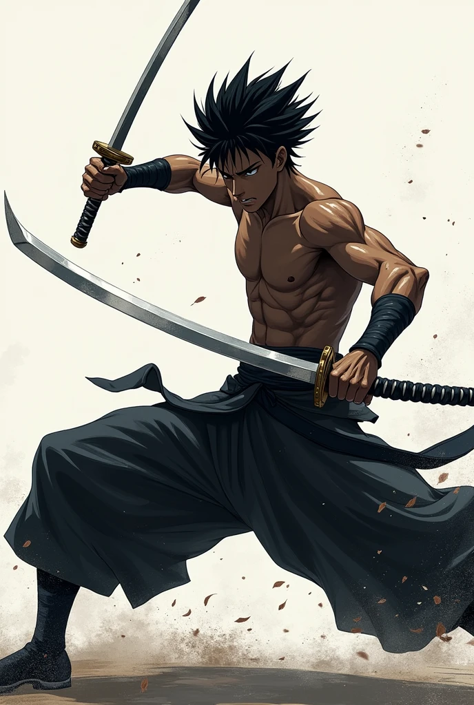 An anime character with black spiky hair balck skin a male practising sword skills naked