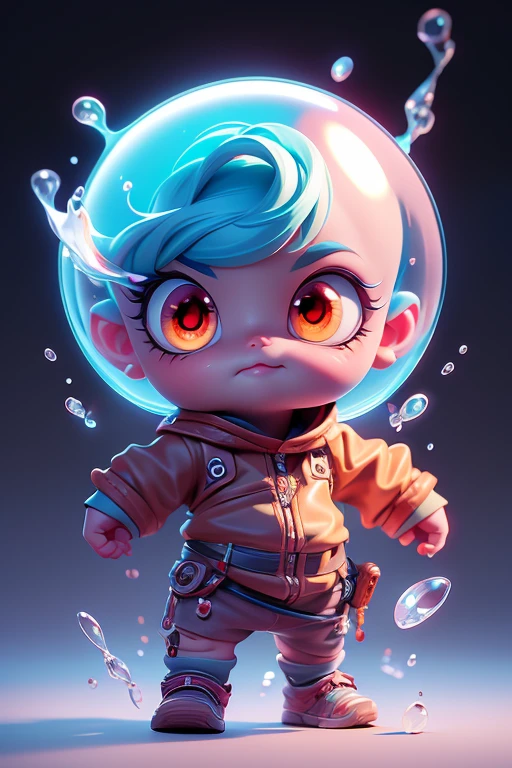 Create a monster image, a small, big-headed, baby monster.. The body is transparent and can be seen through. The image is sharp and detailed., with beautiful colors.. With arms, leg, eyes, mouth, พื้นหลังสีlegว