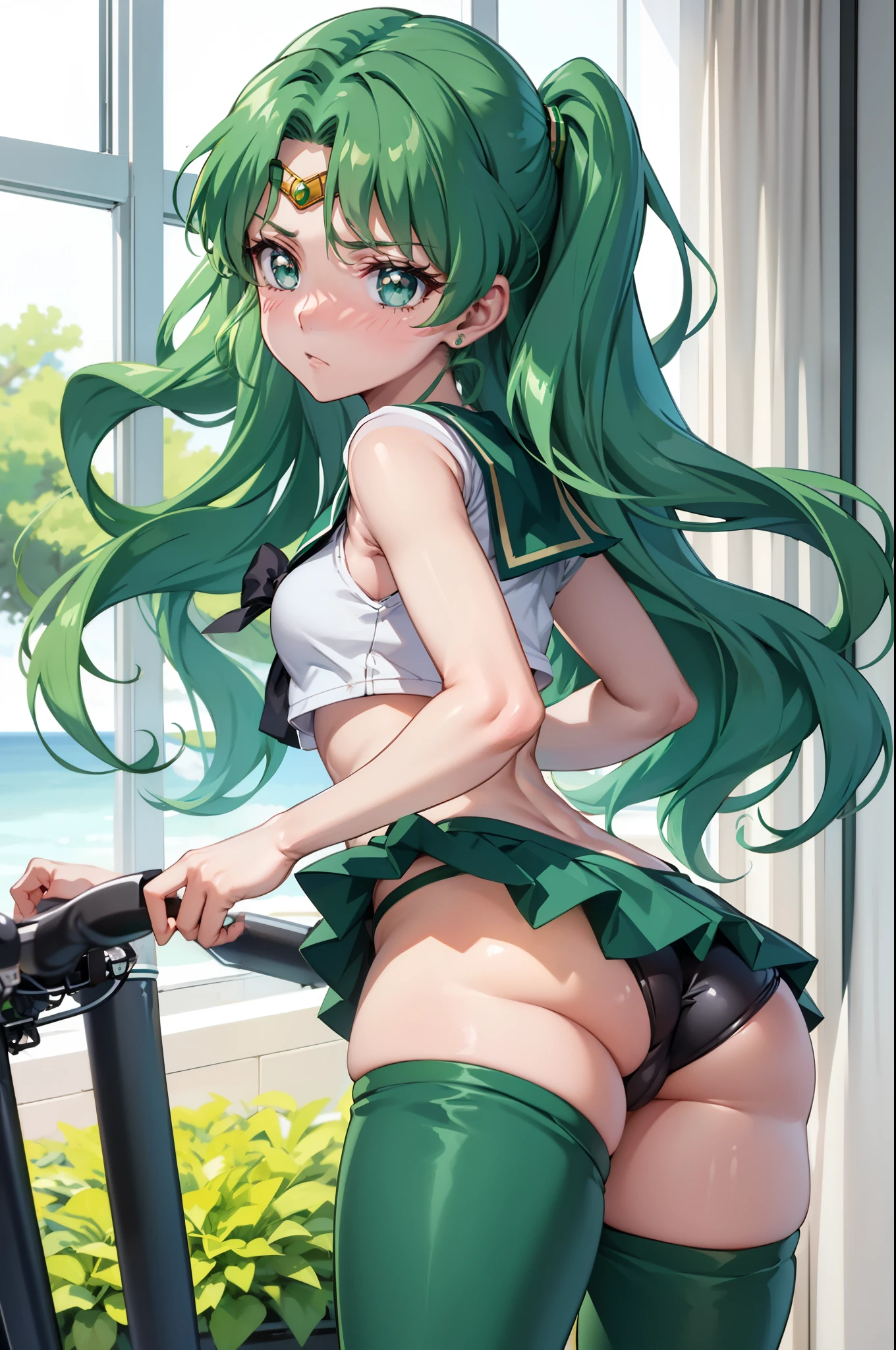 Tabletop, Highest quality, One Girl, (Sailor Neptune),Green Hair, (Green Eye:1.2),((sporty))、((Bike Pants))、Hair length、((Embarrassed expression))、((Bedroom))、((Backward view))、((Butt))、((Thigh-high socks))