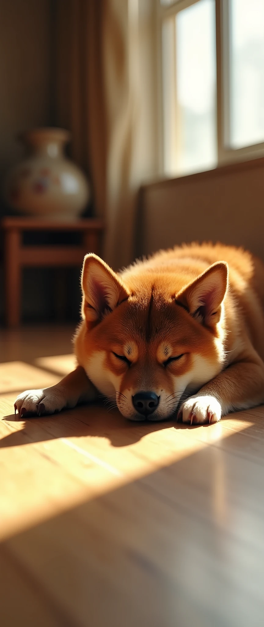 (masterpiece:1.2,Exceptional Quality,mirror-like,Cinematic Experience,Photorealistic,RAW Photos,Super detailed),8k,wallpaper,(Black Shiba Inu:2.0),Veranda,(taking a nap:2.0),Japan,(Very small Shiba Inu:2.0),cute,(Warm sunshine),relax,Healing