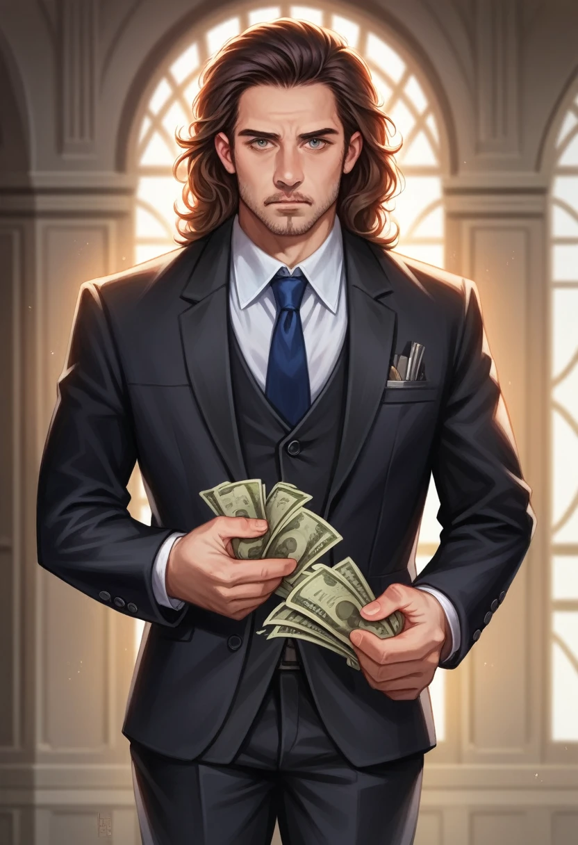 a majestic lion in a black business suit, holding a stack of money, incredibly detailed, photorealistic, ultra-detailed, 8k, high resolution, masterpiece, dramatic lighting, rich colors, intricate textures, elegant pose, realistic anatomy, dynamic composition, cinematic atmosphere, captivating gaze