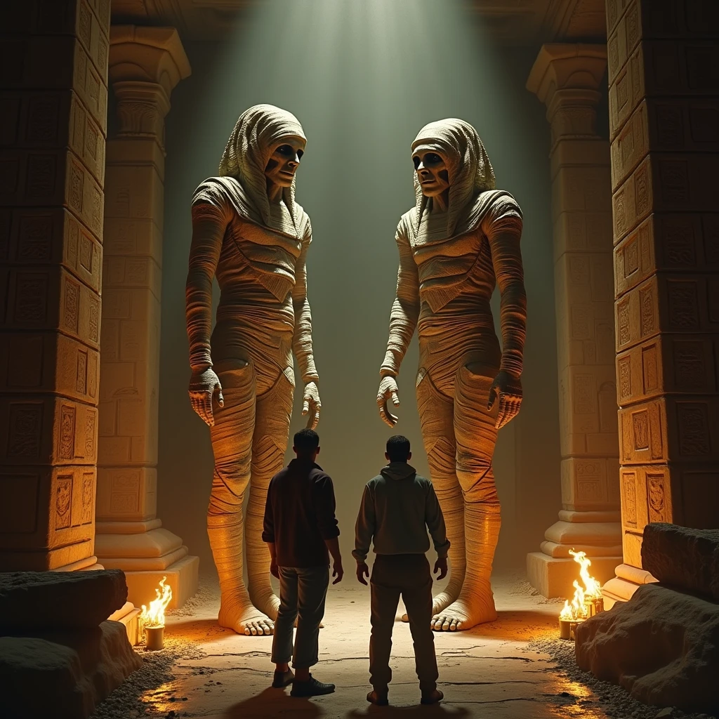 Two Egyptian mummies inside a pyramid, Two men who look scared