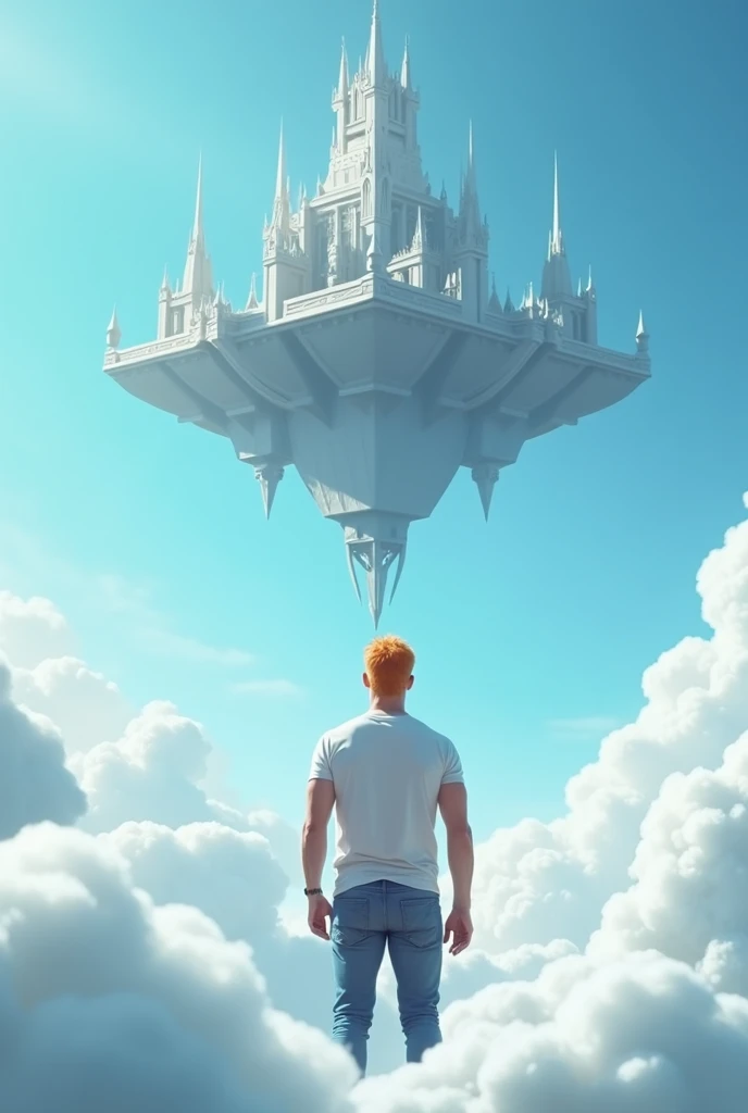A cinematic medium shot of a athletic 46yr old man with strawberry-blonde hair wearing a t-shirt and jeans. Strong cinematic posture, back to the camera. He is standing knee-deep in clouds, between fluffy white clouds and looking at a magnificent fantasy city with intricate details. The city is floating in the air above the clouds, with small cylindrical defensive towers flying around it. The background is a clear blue sky. The city has a heptagonal shape, with corner towers connected to the central part by galleries and passages. The city's design is gothick, strict yet graceful, combining futuristic and traditional architectural elements. It soars high in the sky in the air far away. The city has a fantasy look with a futuristic twist, and the flying towers serve as defense structures.
