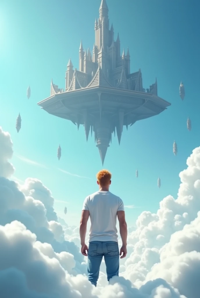A cinematic medium shot of a athletic 46yr old man with strawberry-blonde hair wearing a t-shirt and jeans. Strong cinematic posture, back to the camera. He is standing knee-deep in clouds, between fluffy white clouds and looking at a magnificent fantasy city with intricate details. The city is floating in the air above the clouds, with small cylindrical defensive towers flying around it. The background is a clear blue sky. The city has a heptagonal shape, with corner towers connected to the central part by galleries and passages. The city's design is gothick, strict yet graceful, combining futuristic and traditional architectural elements. It soars high in the sky in the air far away. The city has a fantasy look with a futuristic twist, and the flying towers serve as defense structures.