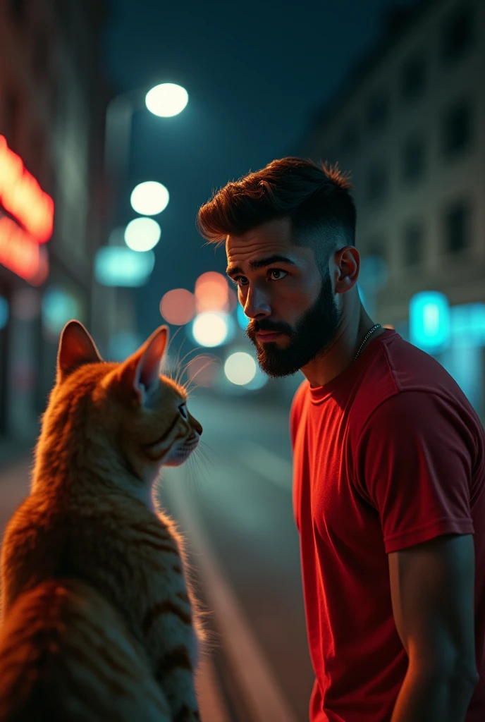 The youn man with french beard in red t shirt gets scared after seeing little brown cat with anger in road side in the night ai image