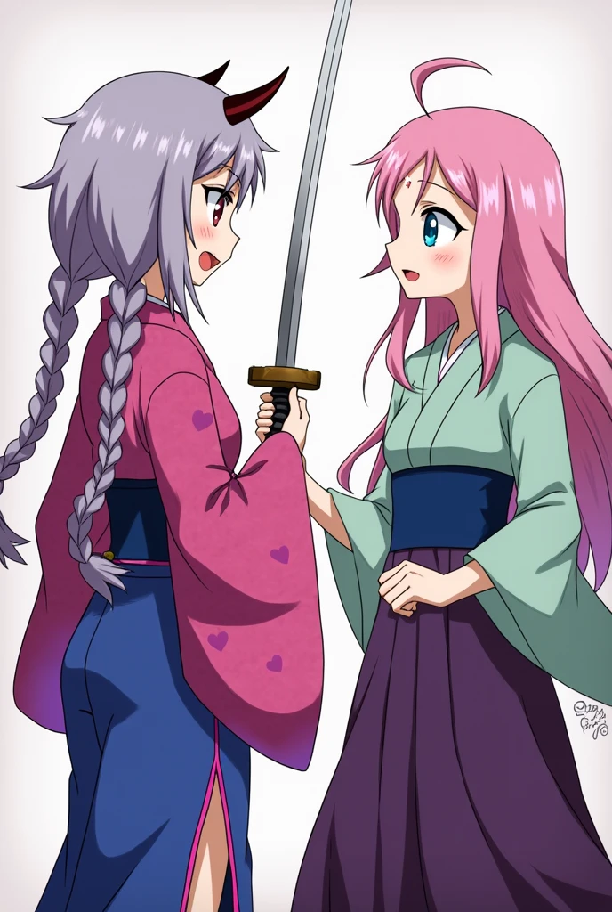  girls are just looking at each other.Two girls are standing opposite each other. The girl on the left is holding a sword aimed at her opponent and is very angry, while the girl on the right is smiling and trying to calm her down. The girl on the leftA girl with gray-purple hair styled into two braids like Mitsuri from the anime 'Demon Slayer'. She has bright flesh-colored eyes and double horns of the same color. Her outfit should resemble a kimono, but with slits at the bottom for easier movement. The sleeves and upper part of the kimono, including the slits, should be pink-purple, while the fabric covering the chest and the top of the slits should be blue.the girl on the right A girl with light pink skin, long pink hair down to her knees, a heart on her forehead, bright turquoise eyes, sleeves like those of a kimono, a corset, and a long dress. The dress is dark purple, the corset is blue, and the upper part is light green. The clothing should have no patterns and no pink color on it."