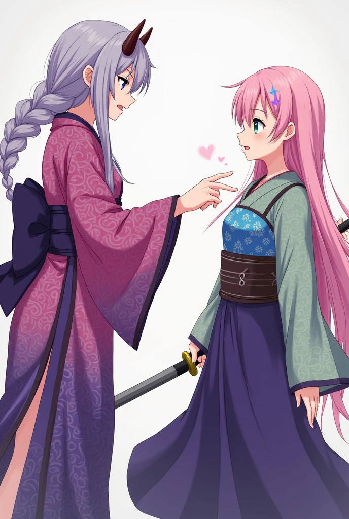 girls are just looking at each other.Two girls are standing opposite each other. The girl on the left is holding a sword aimed at her opponent and is very angry, while the girl on the right is smiling and trying to calm her down. The girl on the leftA girl with gray-purple hair styled into two braids like Mitsuri from the anime 'Demon Slayer'. She has bright flesh-colored eyes and double horns of the same color. Her outfit should resemble a kimono, but with slits at the bottom for easier movement. The sleeves and upper part of the kimono, including the slits, should be pink-purple, while the fabric covering the chest and the top of the slits should be blue.the girl on the right A girl with light pink skin, long pink hair down to her knees, a heart on her forehead, bright turquoise eyes, sleeves like those of a kimono, a corset, and a long dress. The dress is dark purple, the corset is blue, and the upper part is light green. The clothing should have no patterns and no pink color on it."