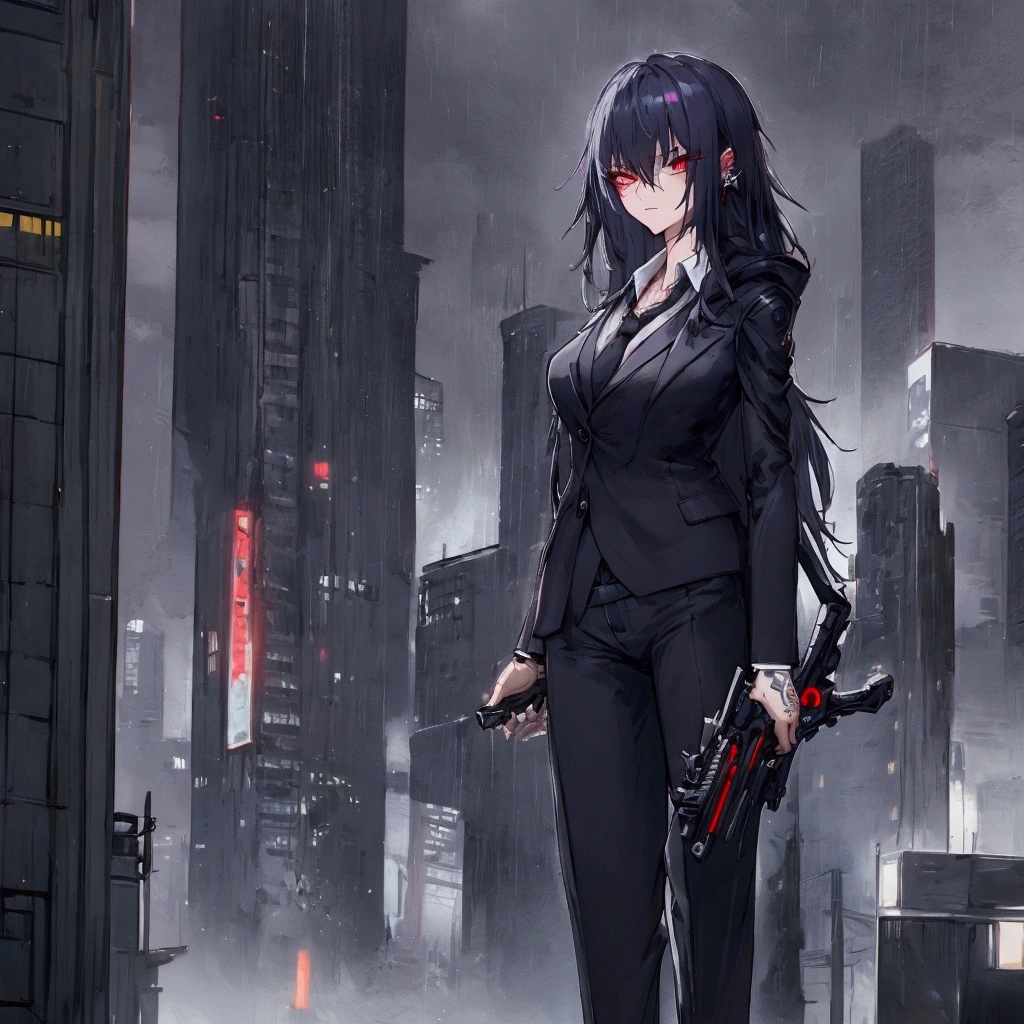 business suit outfit, tiny tattoo on the neck, anime style, impertinent glance, weapon in hand, black cloak, half body, dark rainy cyberpunk world