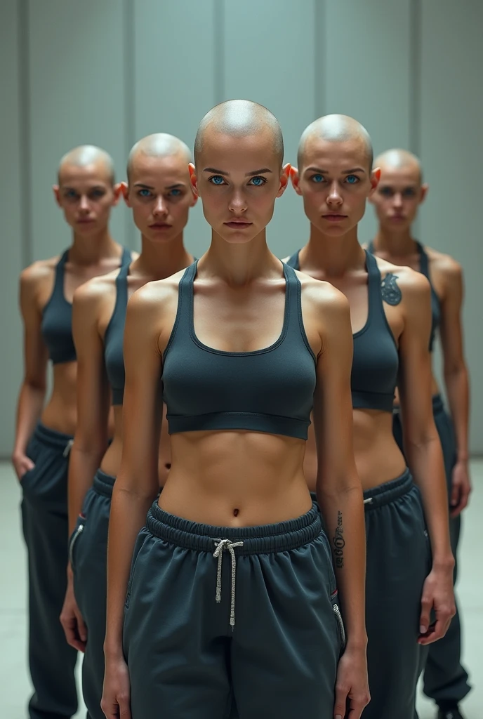 7 woman, bald, with blue eyes, dressed in jogging pants