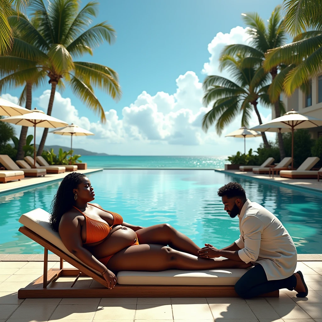 (photorealism:1.2),ebony plus-size curvaceous woman with a commanding findom persona is relaxing at a luxurious resort on a tropical island. She exudes power and wealth, embodying confidence and sophistication. Her attire is elegant and high-fashion, perfectly accentuating her figure and presence. She is lounging comfortably by an infinity pool that overlooks a pristine beach, the blue waters of the ocean shimmering in the background.

The setting is opulent, with the pool area decorated with lavish furnishings, including plush lounge chairs and stylish umbrellas. Palm trees sway gently in the background, adding to the tropical paradise ambiance. The woman's posture is relaxed yet undeniably authoritative, showcasing her dominance and control over her surroundings. Her expression conveys a sense of calm confidence and enjoyment as she takes in the luxurious environment around her, clearly enjoying the high-end amenities and breathtaking views of the resort. The entire scene radiates luxury, power, and the indulgence of a woman in control of her desires and environment. with a  men next to her on his knees worshipping her bare sexy feet