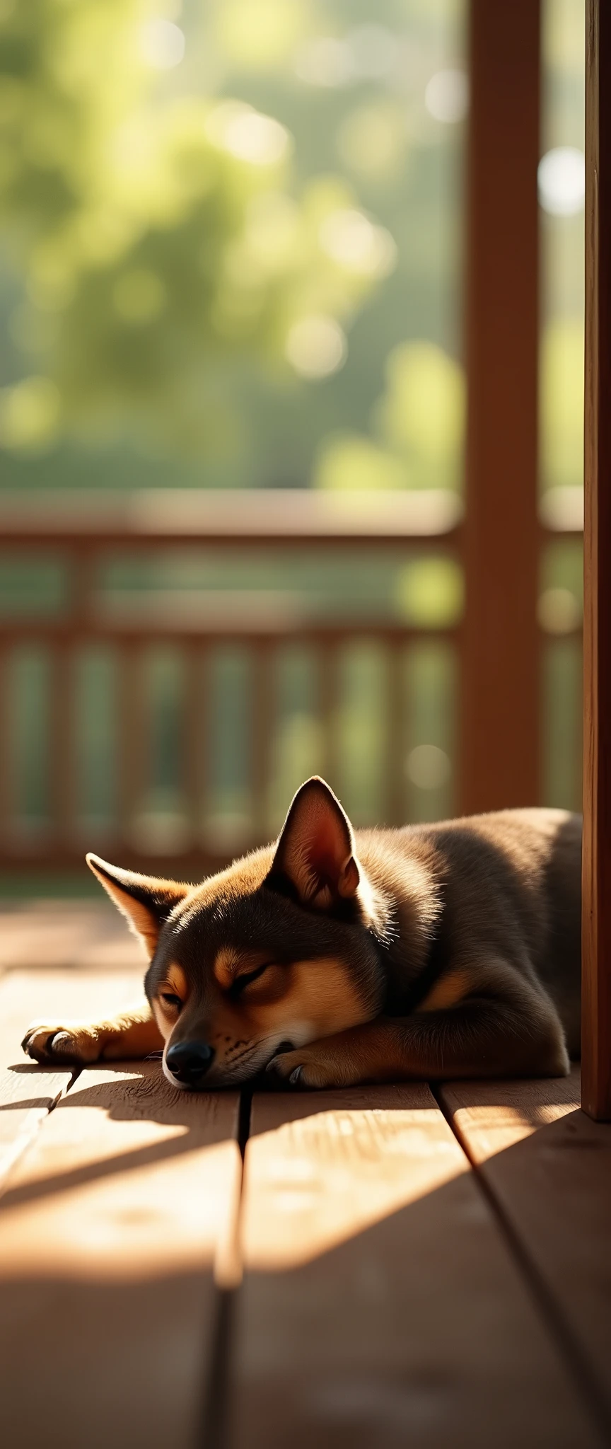 (masterpiece:1.2,Exceptional Quality,mirror-like,Cinematic Experience,Photorealistic,RAW Photos,Super detailed),8k,wallpaper,(Black Shiba Inu:2.0),Veranda,(taking a nap:2.0),Japanese House,(Very small Shiba Inu:2.0),cute,(Warm sunshine),relax,Healing