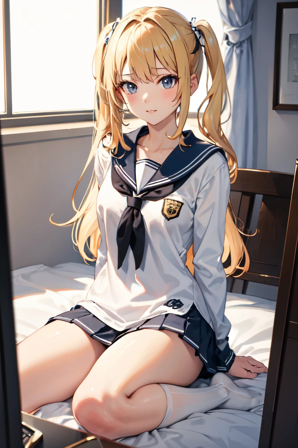 8k,Highest quality,masterpiece, Sharp focus,high school girl,,Blonde,Lewd,Sailor suit