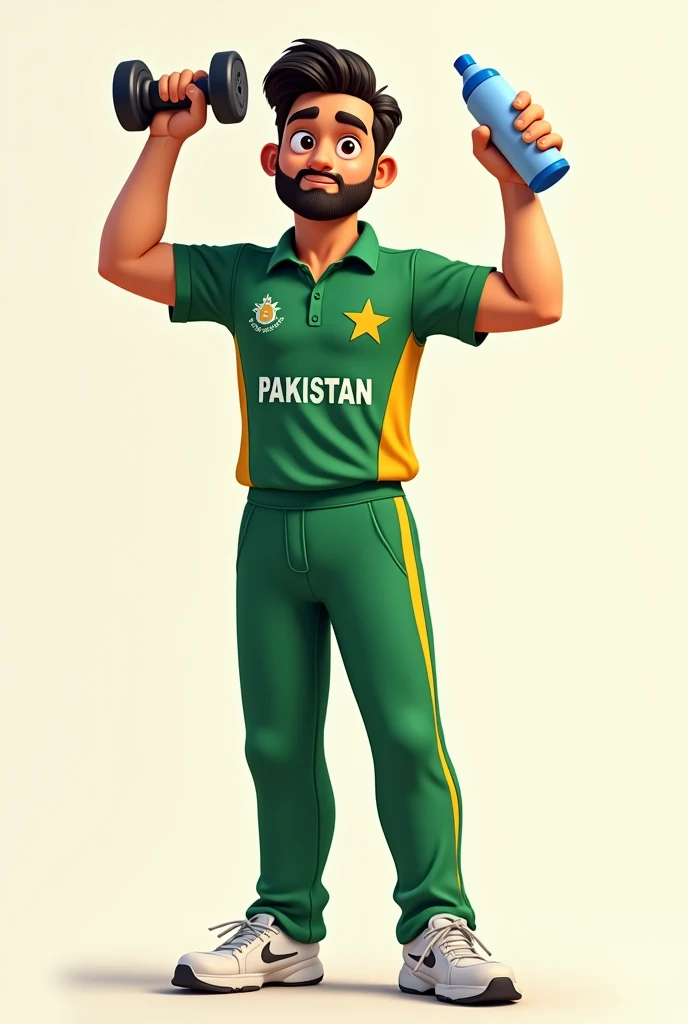 A animated character wearing Pakistan cricket jersey holding dumbdell on his left hand and on right hand holding water bottle his both hand should be facing upward character must be 2D not laughing just a confident gentle smile with beard and boy should be atleast 20 year old