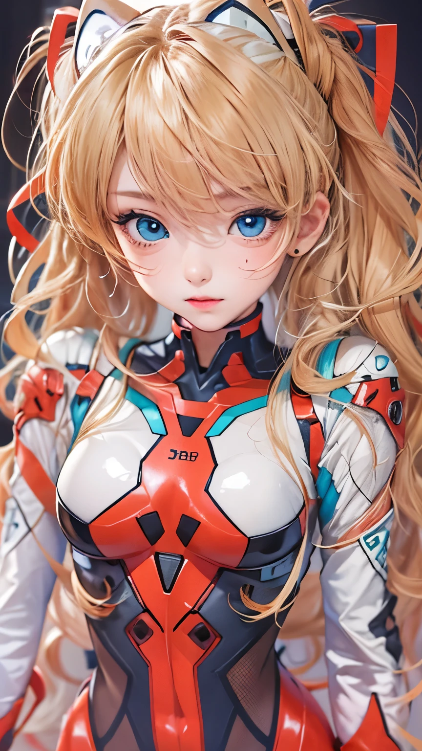 Unity8k Wallpaper、Super detailed、Beautiful and mysterious、Detailed Background、solo、Perfectly detailed face、Detailed blue eyes、Very detailed、Blushed、hair ornaments、Chignon Mahogany Hair、(Blonde Hair)、Plug Suit 02、Shikinami Asuka Langley、Evangelion、Repairing a torn plug suit with red tape、Upper Body、Close up on face、Slender girl、Eye patch with black stripes on the left eye、