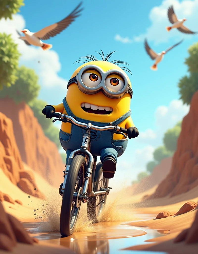 Minion Kevin bike race Kevin encounters obstacles on the track like puddles, quicksand, and a flock of birds flew by, but he still persevered.