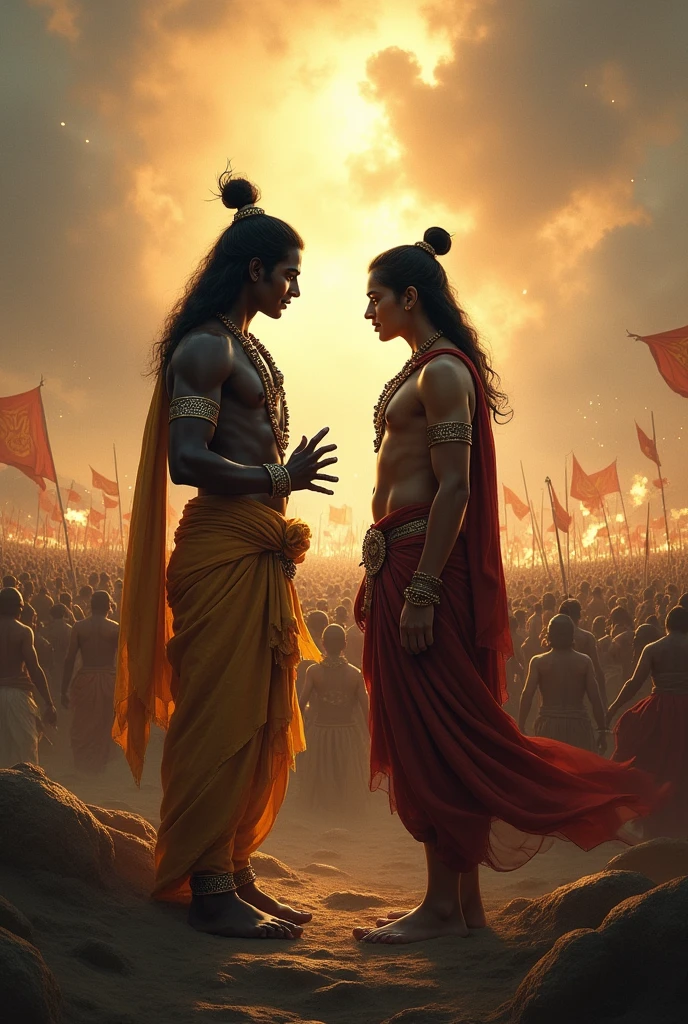 Lord Krishna and Arjuna on the battlefield of Kurukshetra, with Krishna imparting wisdom while Arjuna listens attentively, set against a dramatic battlefield backdrop.