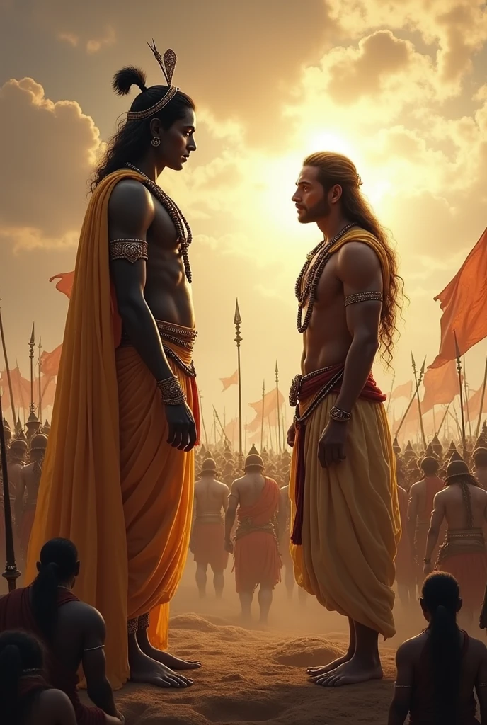 Lord Krishna and Arjuna on the battlefield of Kurukshetra, with Krishna imparting wisdom while Arjuna listens attentively, set against a dramatic battlefield backdrop.