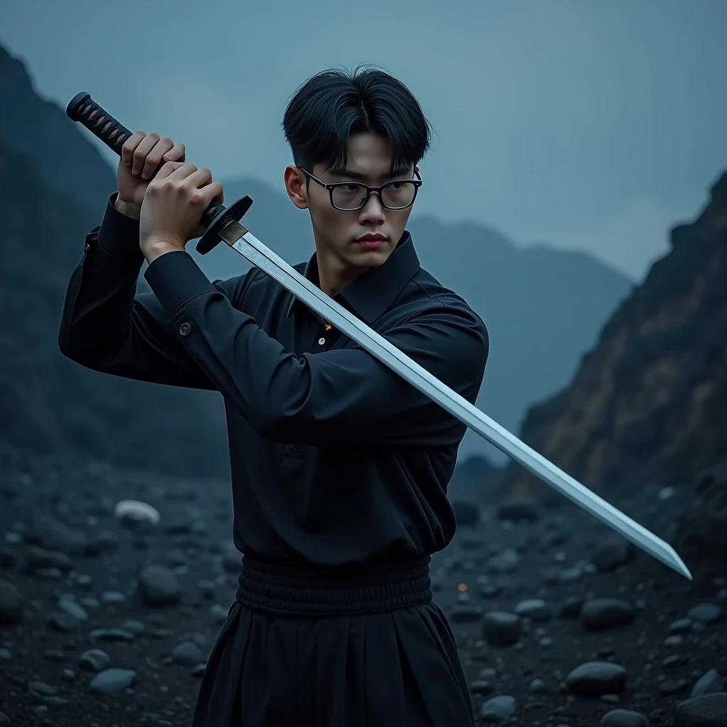 Create a character, background: darkness vulcano blue, realistic, HDR, insert text HD: “PRAS”, use glasses, handsome, korean style, full body, use katana, age 20