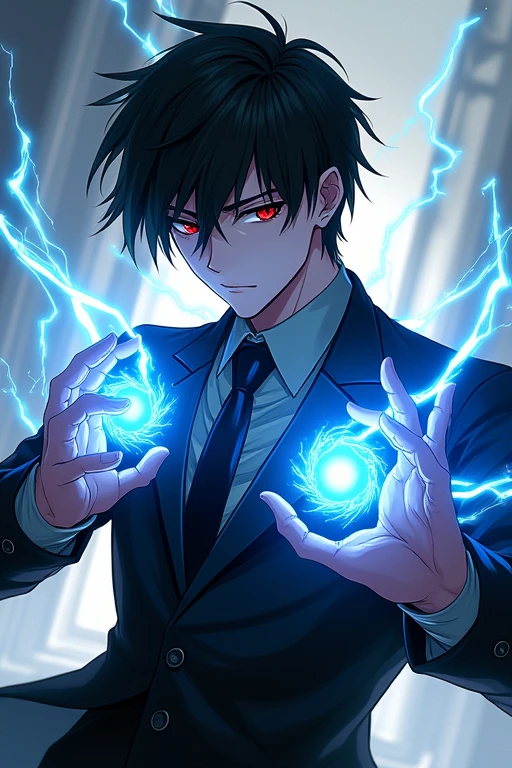 Black Hair,Black Suit,male,Anime Style,Red Eye,Holding blue electricity in his hands