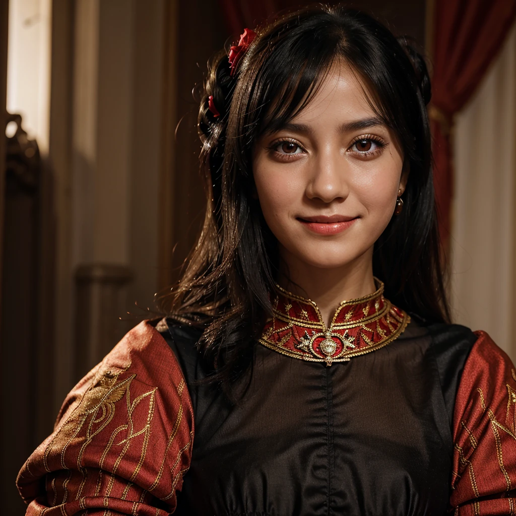 A girl black hair, very red eyes, scared smile. She wearing a royal clothing.
