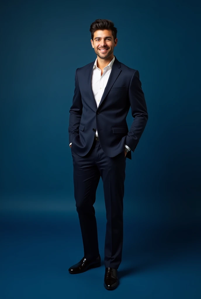 Create a full body handsome boy 2 he wearing a attorney clothes style and black shoes ,Dark blue background, he is smiling and standing, posting photography and looking at the camera.