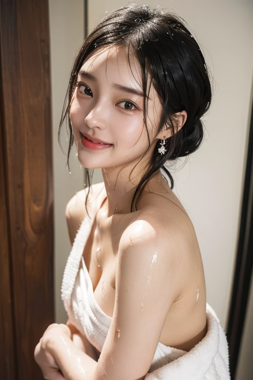 (2 Japanese girl,), (Small breasts:1.5,),(solo,,Textured skin, Detailed skin,Detailed face,Detailed eyes,detailed posing,Natural eyebrows,Sparkling Eyes,High detail, Highest quality, Super detailed, Surrealism, ,8k,RAW Photos,Photographicism,Professional Lighting,Portrait Photography,Soft Light),((Black Hair, Dark Eyes,Natural Makeup,Simple earrings, Bob Hair,ribbon,smile)),(((corridor,Wet Hair,Wrap a thin towel around your body)))