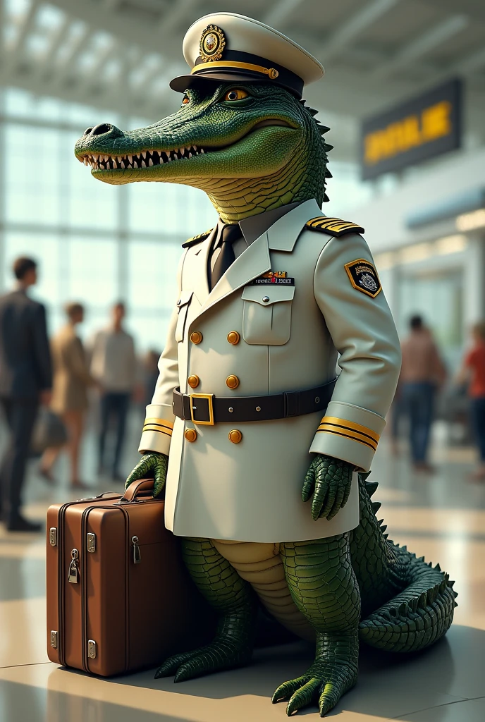 Crocodile as a pilot wearing a uniform of a pilot suit and trouser with traveling bag background airpot and a flight