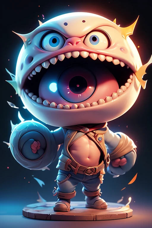 Create a monster image, a small, big-headed, baby monster.. The body is transparent and can be seen through. The image is sharp and detailed., with beautiful colors.. With arms, leg, eyes, mouth, พื้นหลังสีlegว