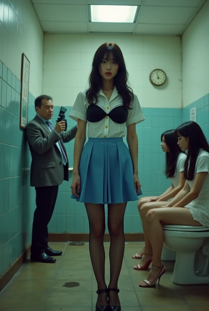 A shabby and worn-out public restroom).Korean woman.korean beauty.Korean model.South Korean girl groups. She is wearing a school uniform, a short and tight blue skirt, and black fishnet stockings that reach her thighs..
(Big hearted).(full body shot).(front shot).realistic.G-cup chest.
The pelvis is a supermodel. The shirt button is undone, revealing a black bra..Two high school girls sitting on the toilet.Screaming face.White lace panties are draped over the thighs at the knee level..
(A middle-aged man was filming a high school girl with a camera next to her.).