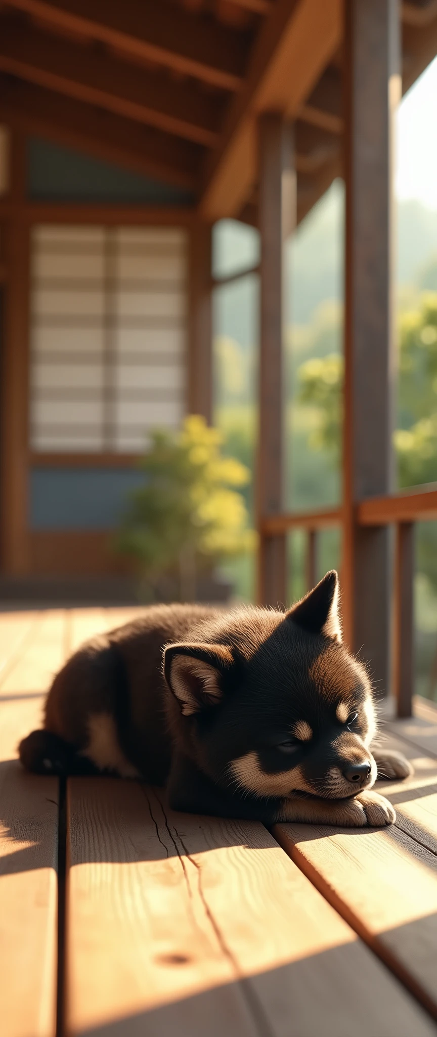 (masterpiece:1.2,Exceptional Quality,mirror-like,Cinematic Experience,Photorealistic,RAW Photos,Super detailed),8k,wallpaper,(Black Shiba Inu:2.0),Veranda,(taking a nap:2.0),Japanese House,(Very small Shiba Inu:2.0),cute,(Warm sunshine),relax,Healing