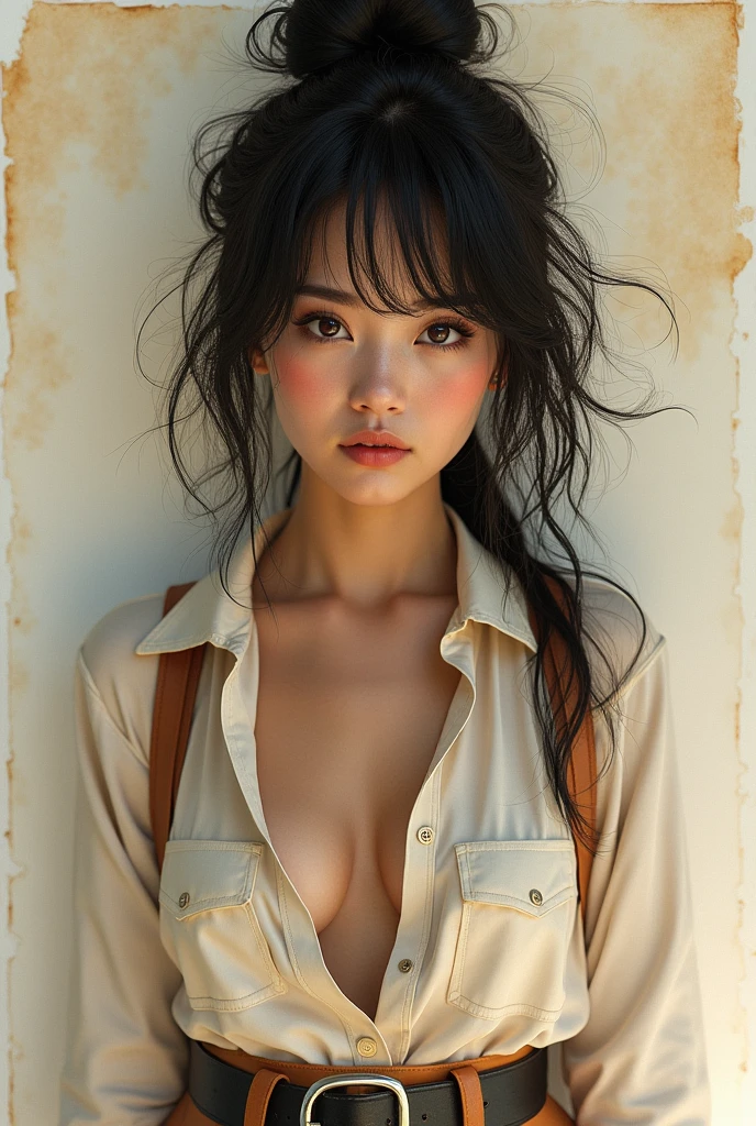 Girls VN03, Shot with Nikon Z7 II mirrorless camera,120mm F/4. Wide-angle best image quality, masterpiece, Super detailed, Cowboy Shot, Flowing, 3DMM, Ink Sketch, Color ink, Ink Rendering, Octane Rendering, pastel, Rice Paper, One girl, Beautiful attention to detail, (Alternative hairstyle), Super detailed hair, elegant, (Charm), (delicate), cute, cute,, View your viewers, xxmix girl,sexy, Fascinating , Messy Hair, Unbuttoned shirt, chest
