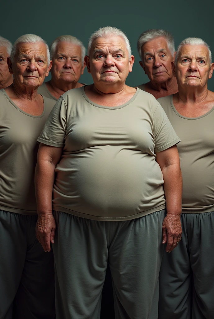 7 woman, obese and wrinkled, bald, with blue eyes, dressed in jogging pants