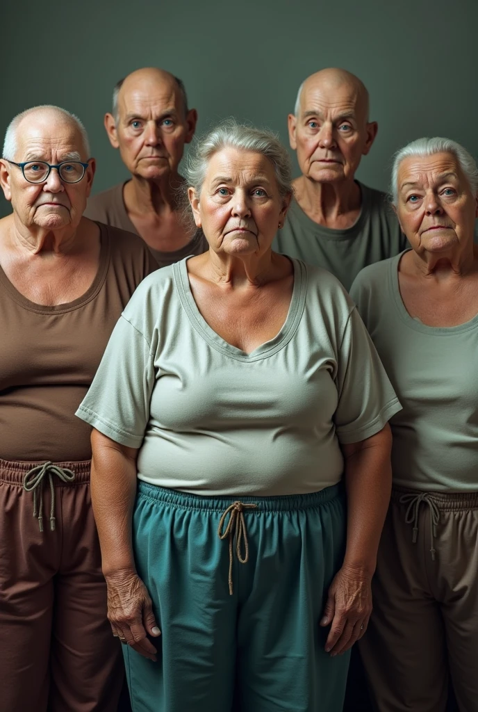 7 woman, obese and wrinkled, bald, with blue eyes, dressed in jogging pants