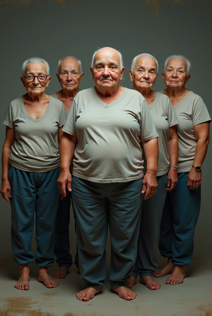 7 woman, obese and wrinkled, bald, with blue eyes, dressed in jogging pants