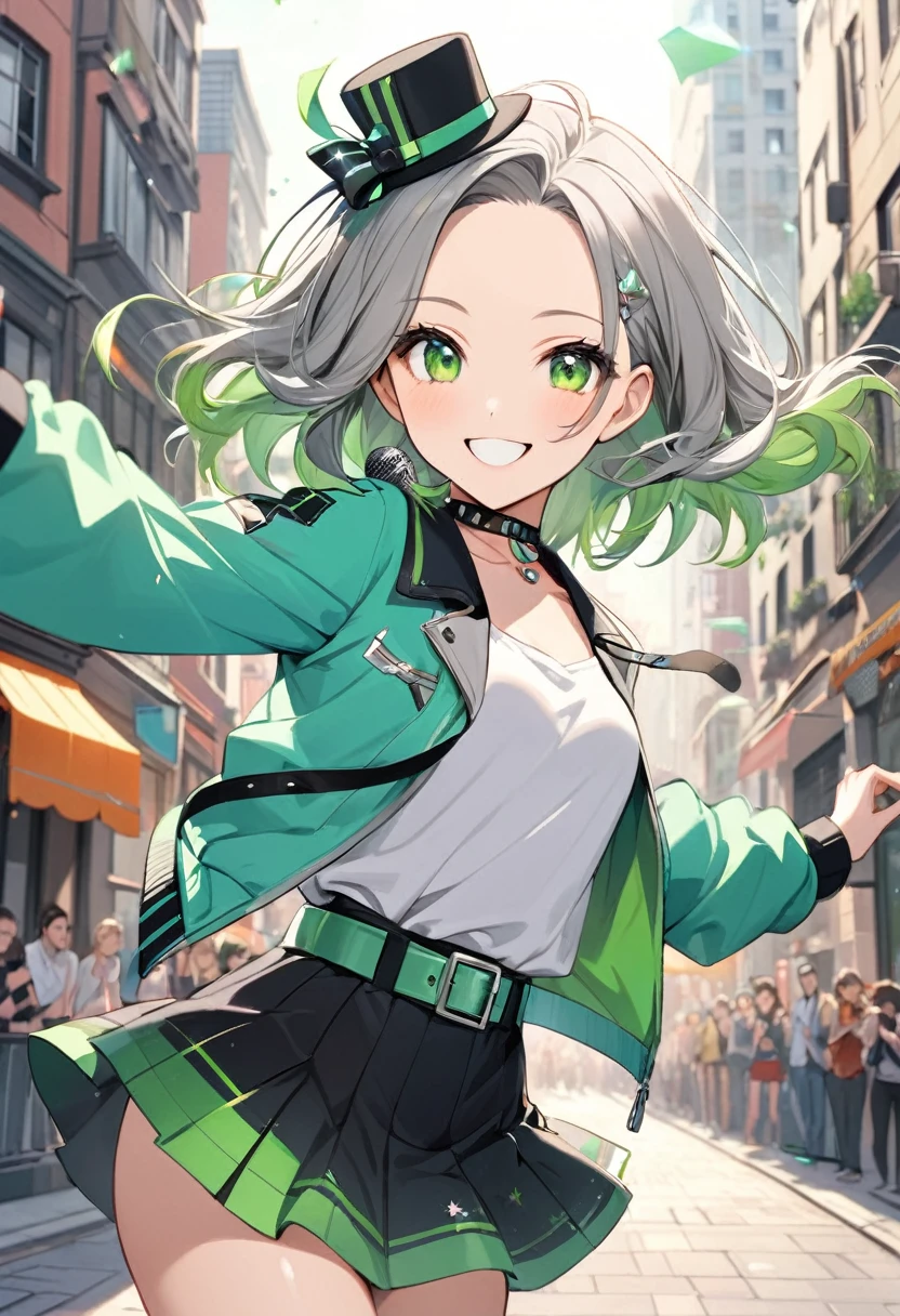 1 person,Cute face,20 year old idol,Jacket,Mini Hat,mini skirt,choker,Narrow belt,Hairstyles that show the forehead,Dancing with a microphone in a city with many buildings,smile,The outfit is mainly grey with green accents.,round face,light makeup