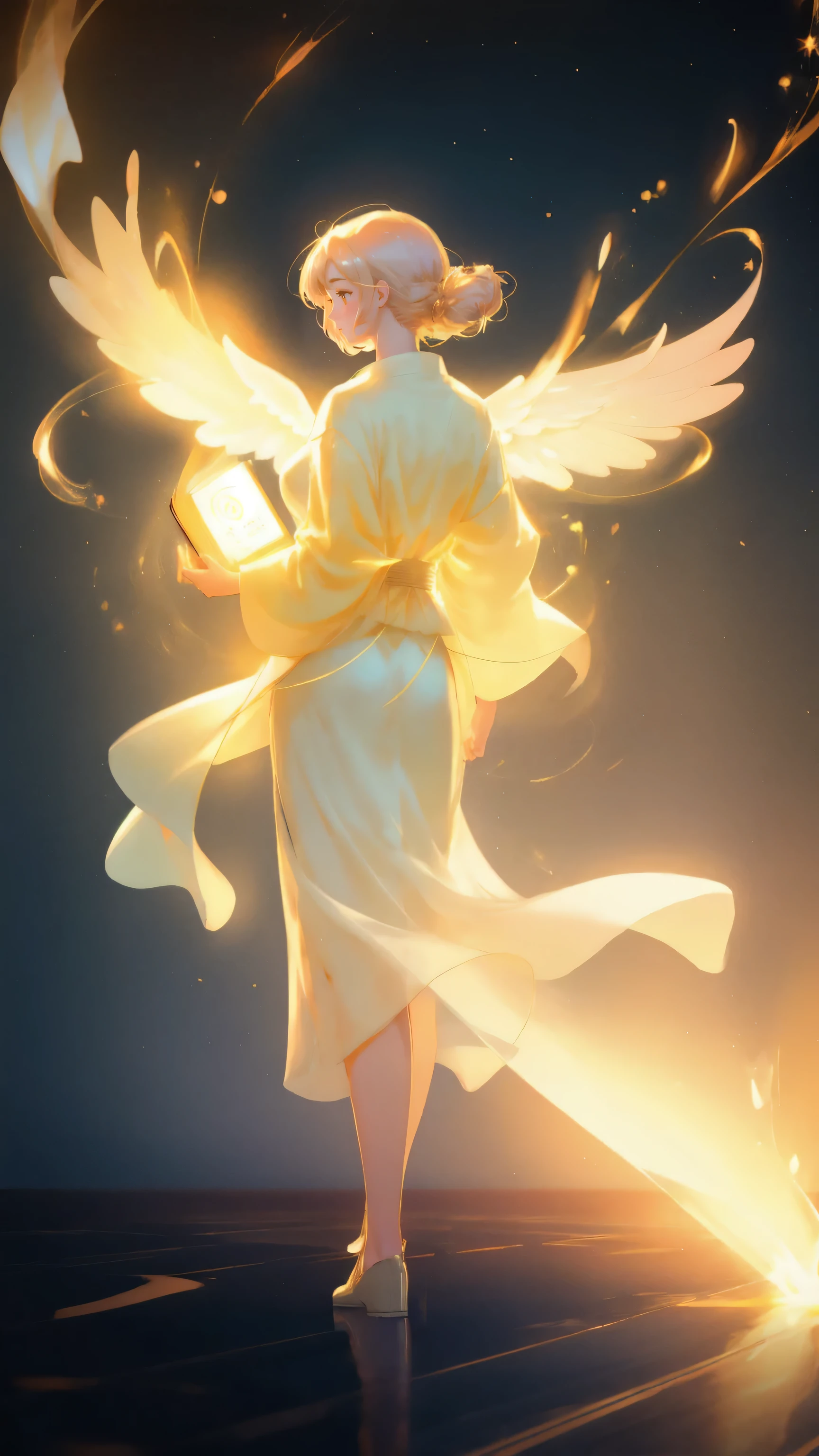 A radiant and serene woman, floating in the air with a glowing aura, holding a book labeled 'Satoshi's Lost Wallet' in one hand. She is surrounded by beams of golden light that radiate from behind her, illuminating the scene. Several ghostly hands and figures reach out towards her, yearning for the book, while shiny Bitcoins are floating all around, with stacks of Bitcoins covering the floor. The background is filled with a warm, ethereal yellow glow, creating a sense of divine mystery and reverence.