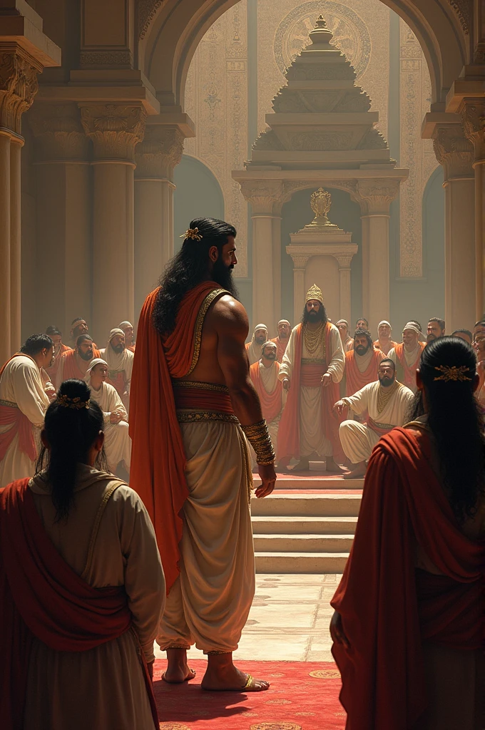 Bhishma's Vow: A dramatic scene of Devavrata (Bhishma) taking the vow of celibacy and renouncing the throne in front of his father, King Shantanu, and the assembled court.