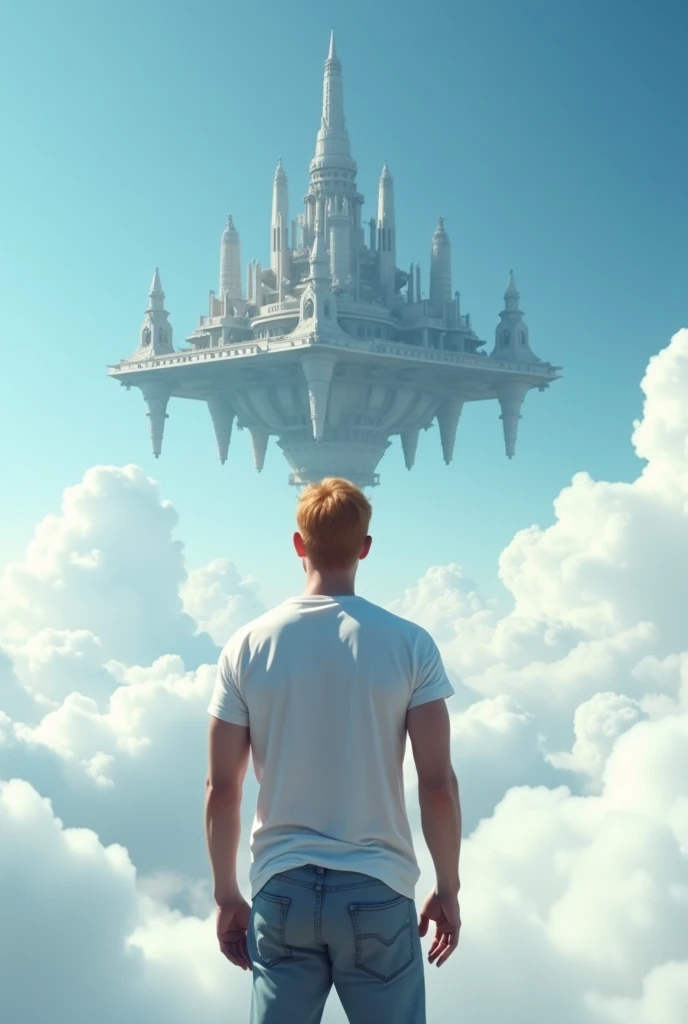 A cinematic medium shot of a athletic 46yr old man with strawberry-blonde hair wearing a t-shirt and jeans. Strong cinematic posture, back to the camera. He is standing knee-deep in clouds, between fluffy white clouds and looking at a magnificent fantasy city with intricate details. The city is floating in the air above the clouds, with small cylindrical defensive towers flying around it. The background is a clear blue sky. The city has a heptagonal shape, with corner towers connected to the central part by galleries and passages. The city's design is gothick, strict yet graceful, combining futuristic and traditional architectural elements. It soars high in the sky in the air far away. The city has a fantasy look with a futuristic twist, and the flying towers serve as defense structures.
