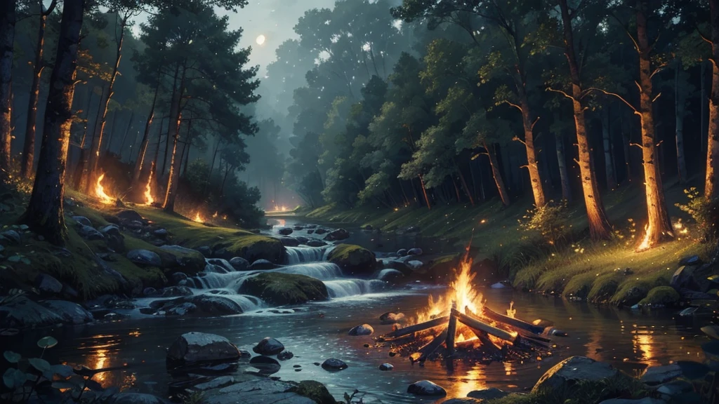 ((masterpiece)),((Highest quality)),((High Detail)),nobody,background, forest, river, Bonfire, night,