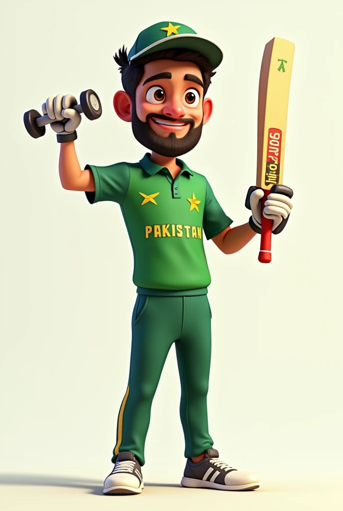 A animated 2D character wearing Pakistan cricket jersey holding dumbdell on his left hand and on right hand holding water bottle his both hand should be facing upward character must be 2D not laughing just a confident gentle smile with beard and boy should be atleast 20 year old must be wearing cricket helmet