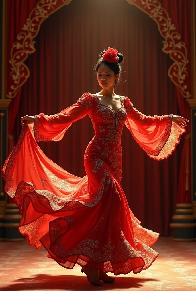 A Japanese woman dancing flamenco in a theatre 