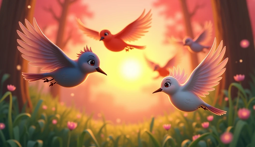 In Cinematic 3d cartoon style"many birds flying, environment sunrise,in the forest, spring season,in the background few flowers dropping 