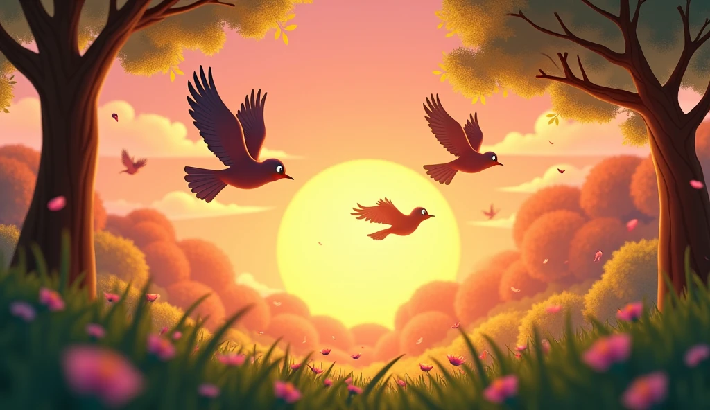 In Cinematic 3d cartoon style"many birds flying, environment sunrise,in the forest, spring season,in the background few flowers dropping