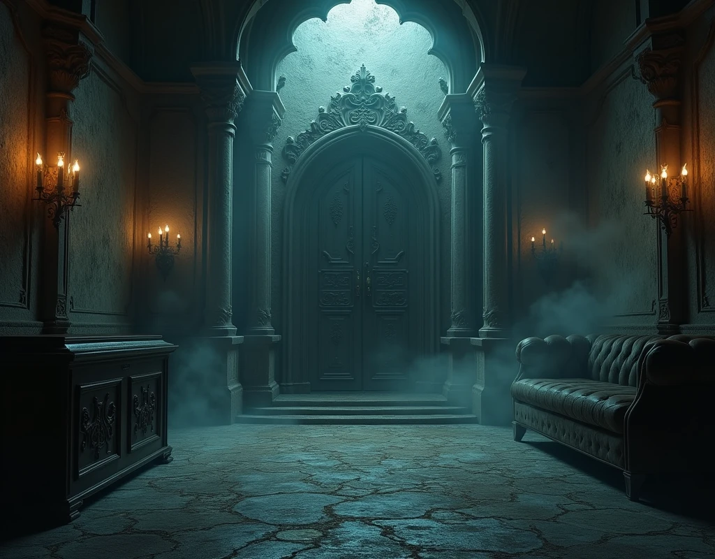 fantasy spooky room with long distance closed door