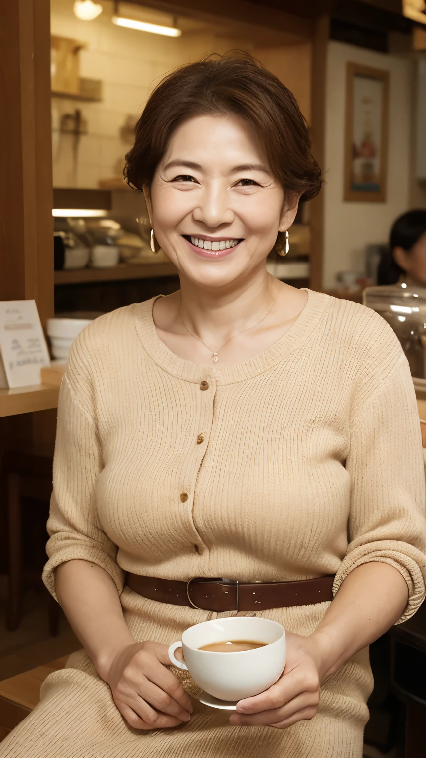 Osaka's aunt、Organic Photography、Highest quality、masterpiece、Ultra-high resolution、Beautiful Japanese old lady、60 years old、Looking at the audience、Elegant face、Smiling with teeth showing、Big Breasts、Wearing a plain short-sleeved knit、Wavy Hair、mini skirt、Earrings、A corner of a coffee shop, Background Blur