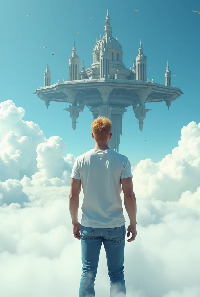 A cinematic medium shot of a athletic 46yr old man with strawberry-blonde hair wearing a t-shirt and jeans. Strong cinematic posture, back to the camera. He is standing knee-deep in clouds, between fluffy white clouds and looking at a magnificent fantasy city with intricate details. The city is floating in the air above the clouds, with small cylindrical objects flying around it. The background is a clear blue sky. The city has a heptagonal shape, with corner towers connected to the central part by galleries and passages. The city's design is gothick, strict yet graceful, combining futuristic and traditional architectural elements. It soars high in the sky in the air far away. The city has a fantasy look with a futuristic twist, and the flying towers serve as defense structures.