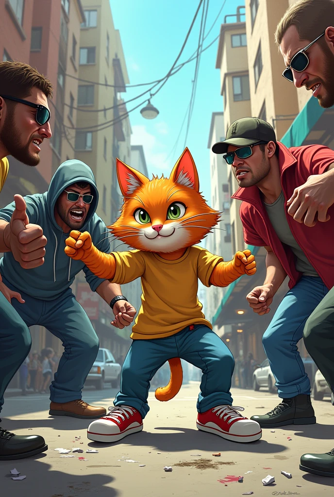 Ginger cat wearing a shirt and pants fighting some goons on the roadside