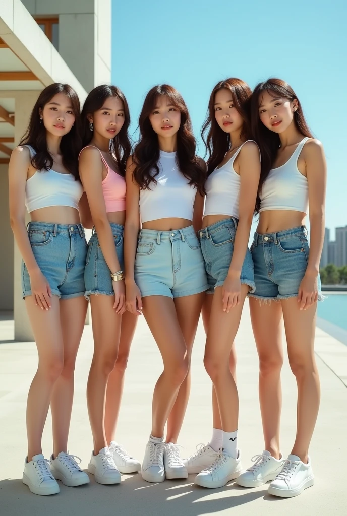 17-22 aged kpop girls. Make 3 of them look half american and korean and 3 of them fully korean. Concept photo. Make it look aesthetic and preppy. 5 members only. All of them wear different outfits. Some wear tennis skirts, some wear jeans and some wear shorts. Make it look like this is their debut album. Do not make them wear revealing outfit